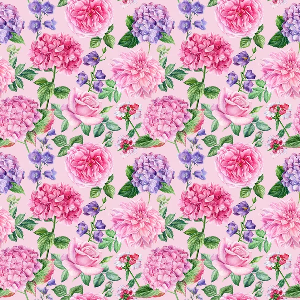 Flora Seamless Pattern Rose Hydrangea Bluebell Flowers Watercolor Botanical Illustration — Stock Photo, Image