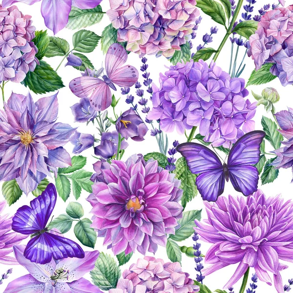 Akvarell Levelek Virágok Botanikai Illusztráció Virágos Zökkenőmentes Minta Kiváló Minőségű — Stock Fotó