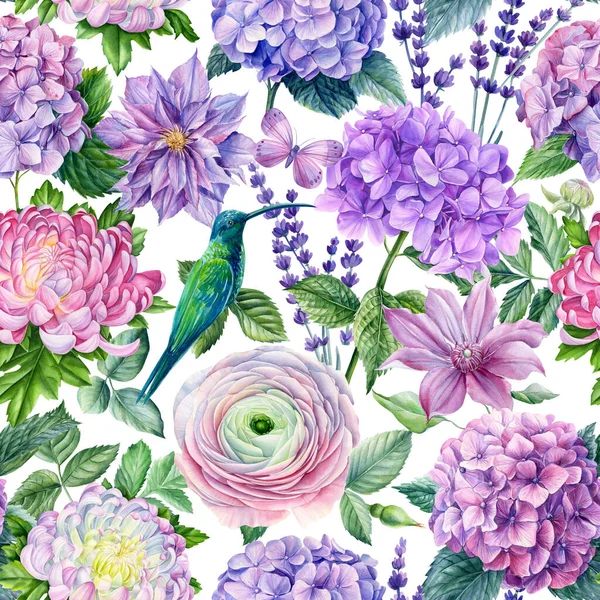 Akvarell Kolibri Virágok Botanikai Illusztráció Virágos Zökkenőmentes Minta Kiváló Minőségű — Stock Fotó