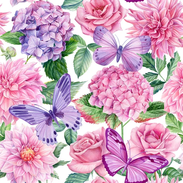 Bright Seamless Pattern Leaves Flowers Watercolor Botanical Illustration High Quality — Stock Photo, Image