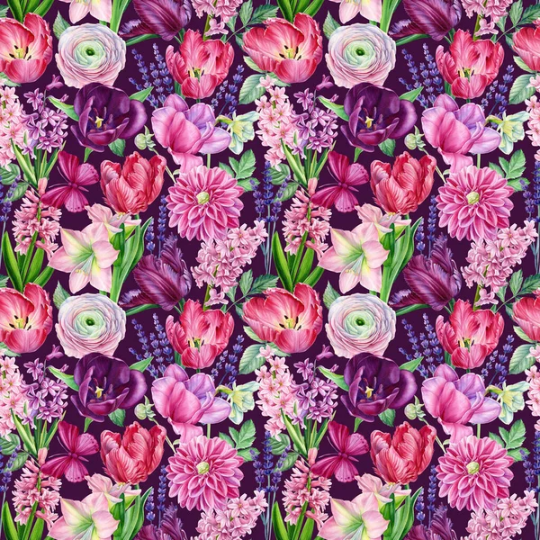 Flores Primavera Aquarela Ilustração Botânica Padrão Sem Costura Floral Ilustração — Fotografia de Stock