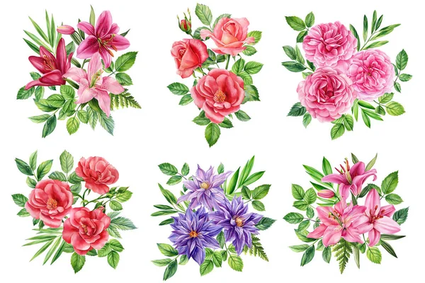 Набір Акварельних Квіткових Елементів Ніжні Квіти Білому Тлі Вітальні Листівки — стокове фото