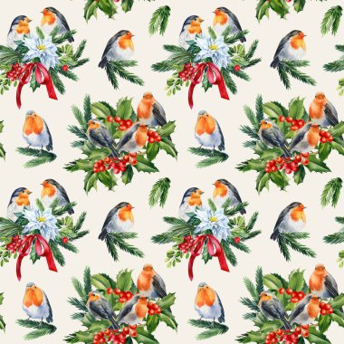 Kuşlarla bayram şablonu Robin, Holly, ladin dalları. Suluboya çizimi. Yüksek kaliteli illüstrasyon