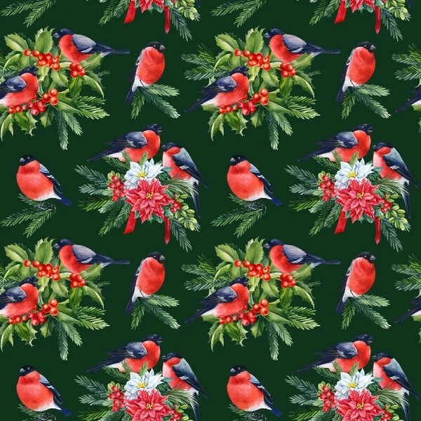 Διακοπές Μοτίβο Πουλιά Bullfinches Holly Μούρα Κλαδιά Ερυθρελάτης Ακουαρέλα Εικονογράφηση — Φωτογραφία Αρχείου