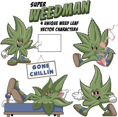 4 unique weed leaf vector characters - Super Weedman....Each character is a separate mascot, high quality size reduced vector graphics with a limited color palette. ..You can easily change the colors clipart