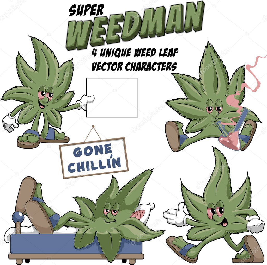 4 unique weed leaf vector characters - Super Weedman....Each character is a separate mascot, high quality size reduced vector graphics with a limited color palette. ..You can easily change the colors
