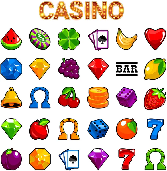 Casino Slot Machine Vector Symbols Melon Four Clover Banana Heart — Vector de stock