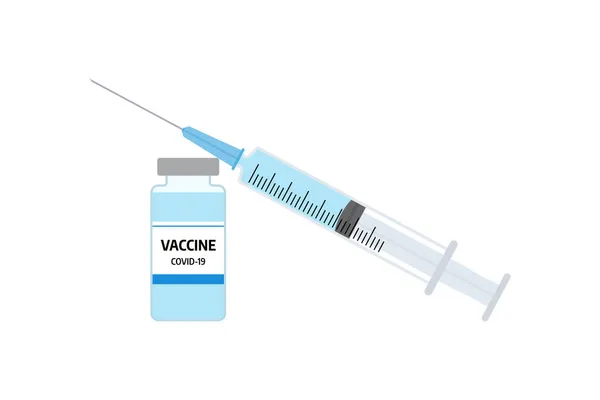 Covid-19 Coronavirus konsepti. Aşı şişesi ve şırınga. Beyaz arka planda izole edilmiş. Vektör illüstrasyonu.