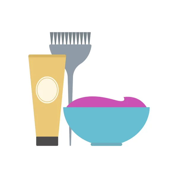 Hair coloring tools. Hairdresser equipment. Hair dye, bowl and brush. Isolated on white background. Vector illustration.