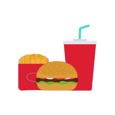 Fast food. Hamburger, patates kızartması ve içecek. Beyaz arka planda izole edilmiş. Vektör illüstrasyonu.