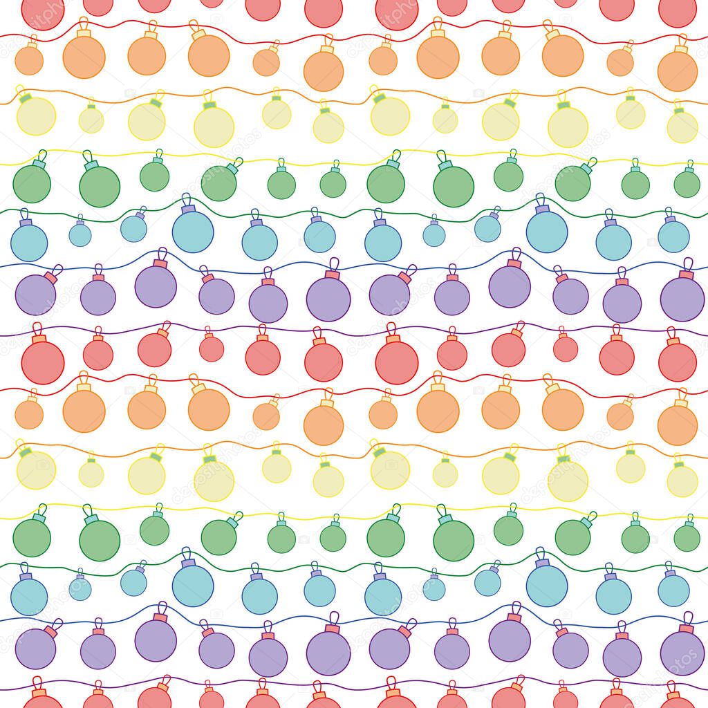 Modern seamless vector pattern with little Christmas balls in rainbow colours. Geometric colourful background for greeting cards, wrapping paper and stationery.  