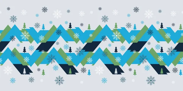 Абстрактная Геометрическая Граница Холмами Соснами Снежинками Бесшовная Векторная Иллюстрация Праздника — стоковый вектор