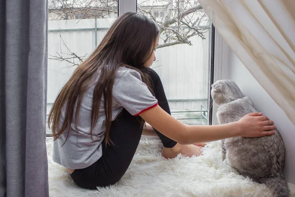 The child is resting on the windowsill and looking out the window with a lop-eared cat. Lazy weekend with the cat at home. — Stock Photo, Image