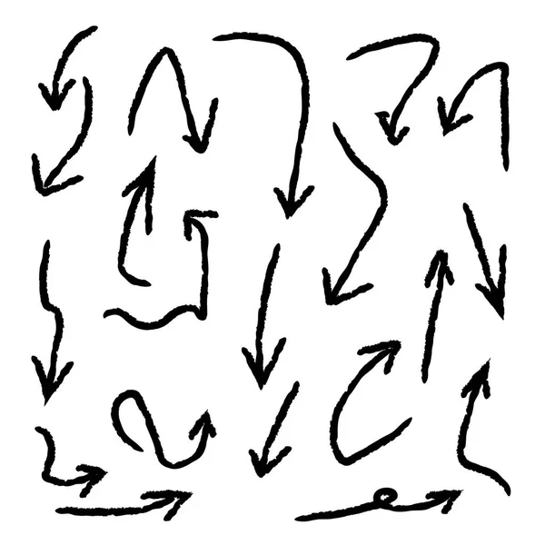 Beyaz arkaplanda fırçayla çizilmiş siyah ok kümesi