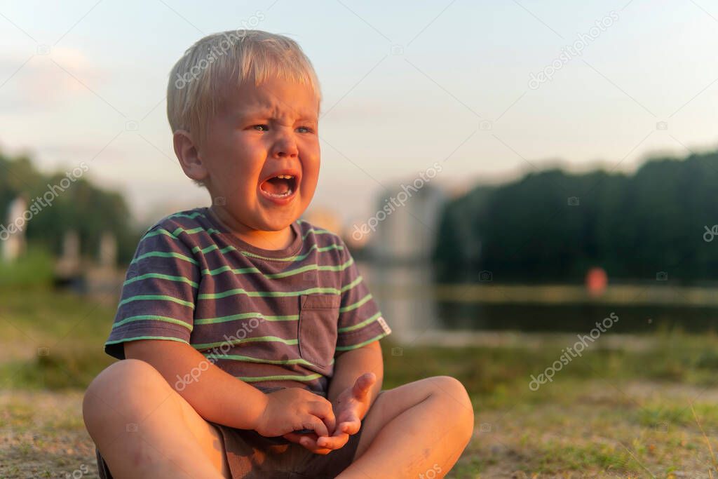 a little boy sits on the ground by the lake in the park and cries heavily. resentment or hysteria in a child.
