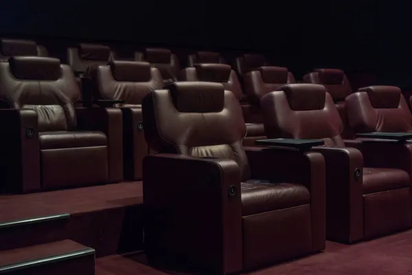 Rows Brown Leather Armchairs Empty Cinema Hall Movie Theater Coronavirus — Stock Photo, Image