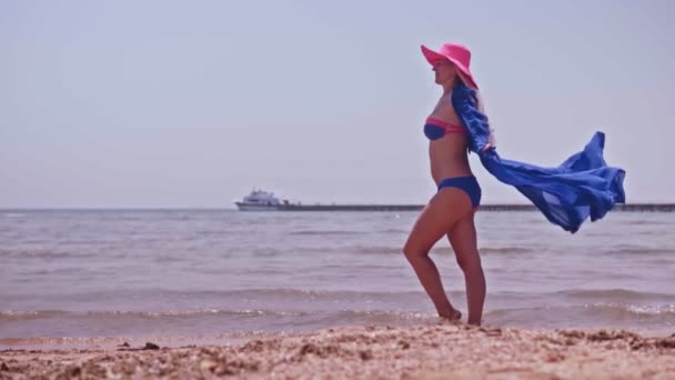 Girl Blue Pareo Pink Hat Stands Seashore Wind Smoothly Sways — ストック動画