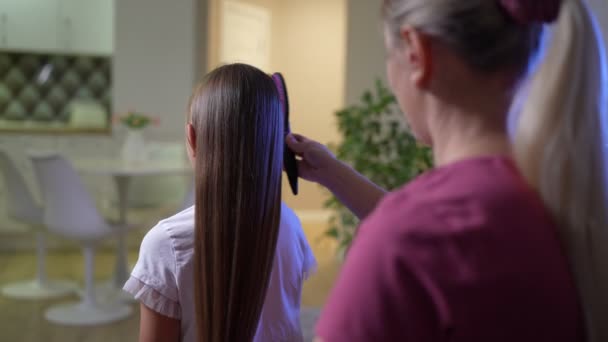 Mom Combing Her Daughter Hair Evening While Sitting Couch Home — Stockvideo
