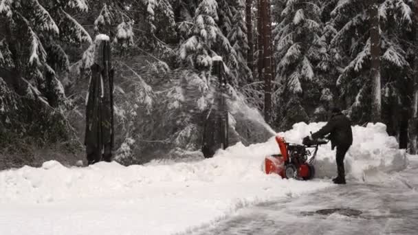 A man cleans snow with a snowblower on the road near a snowy winter forest — Stockvideo