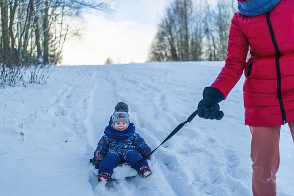 Mom Roll Her Little Son Tubing Snowy Forest — Foto Stock