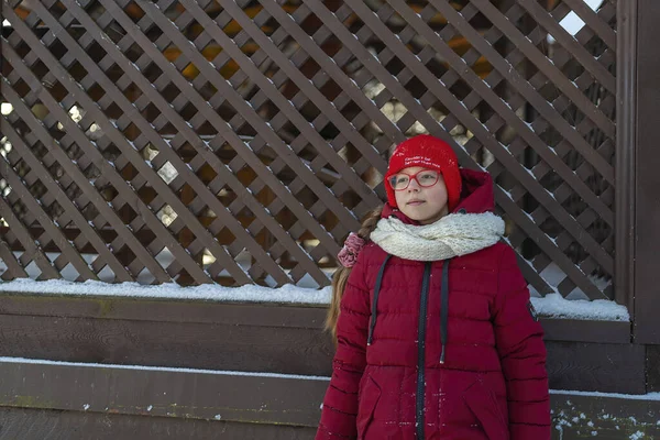 Girl Red Jacket Hat Sad Fence — Foto Stock