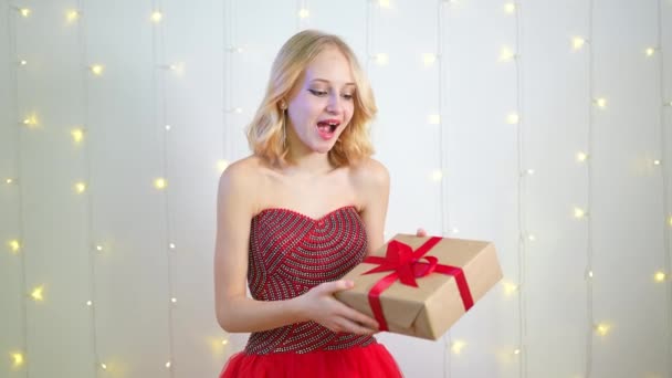 Teen Girl Holding Box Gift Rejoices Surprise Birthday — Stock Video