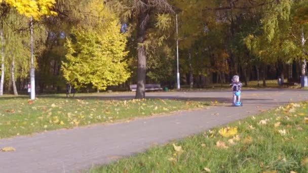 Boy Rides Scooter Park Golden Autumn Slow Motion — стоковое видео