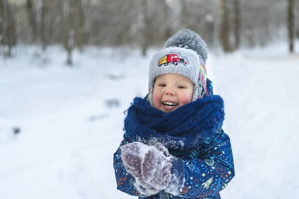 Little Boy Walk Winter Snowy Forest — Foto Stock