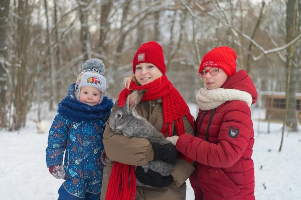 Child Hold Rabbit Her Arms Snowy Forest — Foto Stock