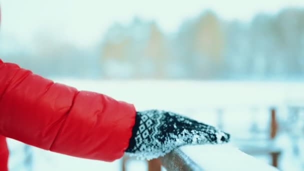 Hand of a girl in a red jacket holds a snow-covered railing of the bridge on the background of a forest winter cold — Stock Video