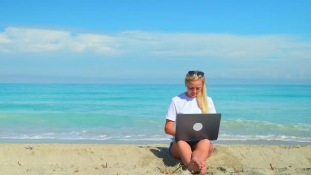 海に座っている若いブロンドの女性の肖像画 彼女はノートパソコンで遠隔作業をしてる — ストック動画