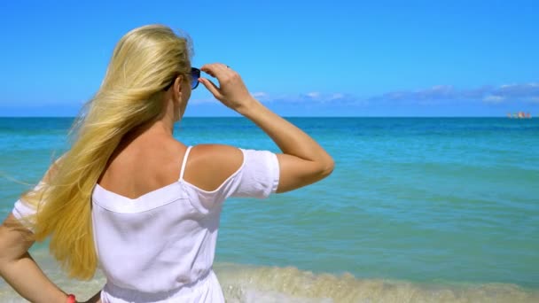 Приваблива Щаслива Блондинка Сміється Під Час Подорожі Морем Влітку Жінка — стокове відео