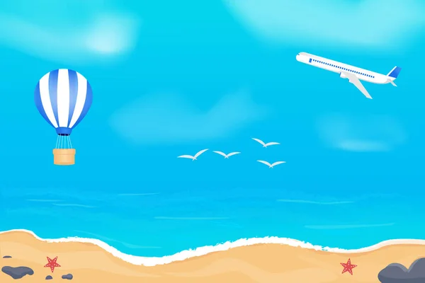 Summer Background Beach Concept Airplane Elements Air Balloons — 图库矢量图片