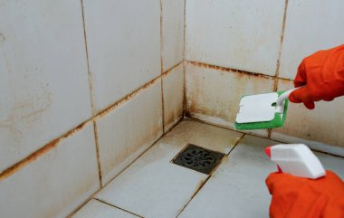 Clean old dirty bathroom floors and walls, bathroom cleaning tools to try and remove dirt, mold and corrosion from white bathroom tiles.                     