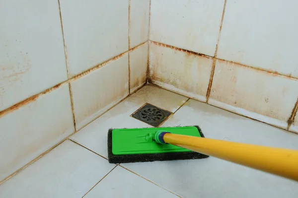 clean dirty bathroom, scrubbing the bathroom floor.