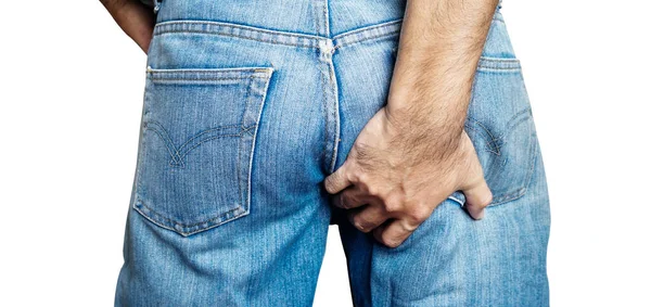 Man Hand Holding Her Bottom Because Having Abdominal Pain Hemorrhoids — Stock fotografie