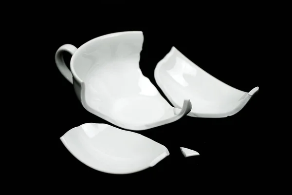 Broken White Cup Black Background Empty Cup Broken Pieces Broken — Fotografia de Stock