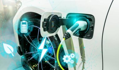 Green energy eco concept. Electric car power cable plugged into car charging station booth futuristic modern technology loading electricity energy, Idea nature electric energy to generate electricity.