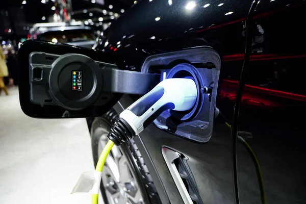 Green energy eco concept. Electric car power cable plugged into car charging station booth futuristic modern technology loading electricity energy, Idea nature electric energy to generate electricity.                    