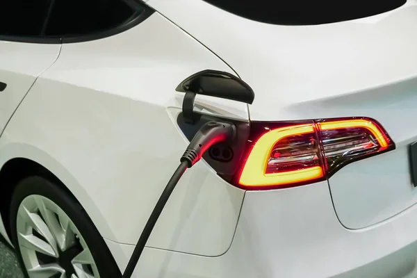 Green energy eco concept. Electric car power cable plugged into car charging station booth futuristic modern technology loading electricity energy, Idea nature electric energy to generate electricity.