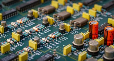 Elektronik panoya ve elektronik cihaza yakın çekim, entegre devre çipi arka planı. Bilgisayar devresi işlemci çipi ana işlemci işlemci elektronik aygıtı, veri kavramı, donanım, teknisyen ve teknoloji.