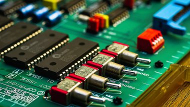 Elektronik panoya ve elektronik cihaza yakın çekim, entegre devre çipi arka planı. Bilgisayar devresi işlemci çipi ana işlemci işlemci elektronik aygıtı, veri kavramı, donanım, teknisyen ve teknoloji.