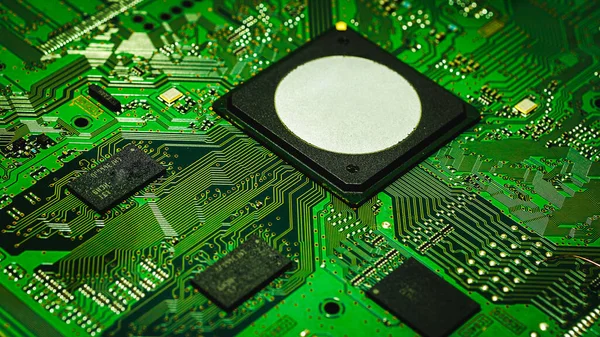 Pcb Eletrônico Placa Circuito Impresso Com Processador Microchips — Fotografia de Stock