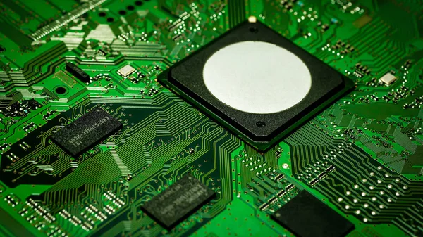 Pcb Eletrônico Placa Circuito Impresso Com Processador Microchips — Fotografia de Stock