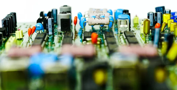 Gros Plan Une Carte Circuits Imprimés Avec Des Composants Tels — Photo