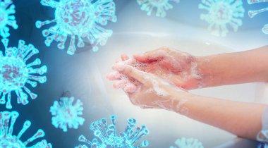Kadın ellerini köpük sabun ve temiz suyla yıkıyor. Ellerini yıka, Coronavirus 2019, el değme konseptinden en çok virüs bulaşması..