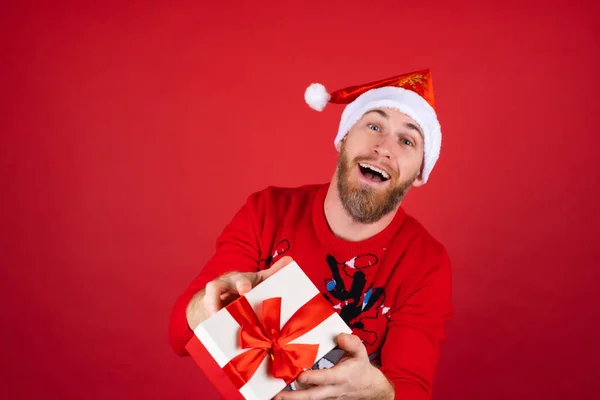 Homme Barbe Rouge Dans Chapeau Père Noël Pull Noël Sur — Photo