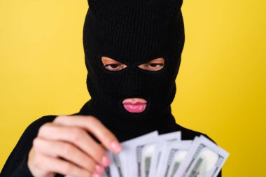 Genç, seksi, pembe dudaklı, kar maskeli, elinde 100 dolarlık bir hayran, hacker, soygun, dolandırıcı.