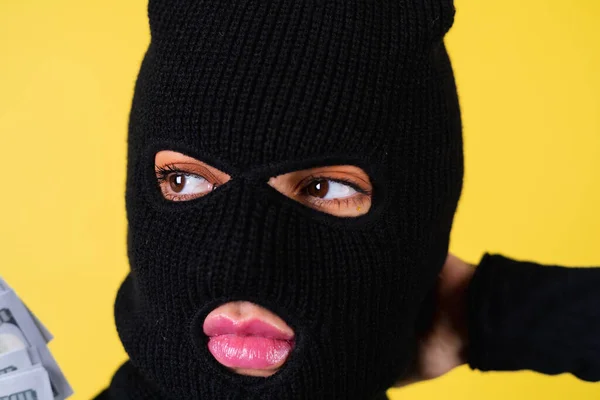 Young Sexy Beautiful Woman Bright Pink Lips Balaclava Her Head — Stock Photo, Image