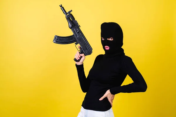 Young Sexy Beautiful Woman Bright Pink Lips Balaclava Her Head — Stock Photo, Image